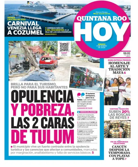 Portada de Quintana Roo Hoy del sábado, 4 de enero de 2025