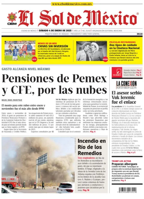 Portada de El Sol de México del sábado, 4 de enero de 2025