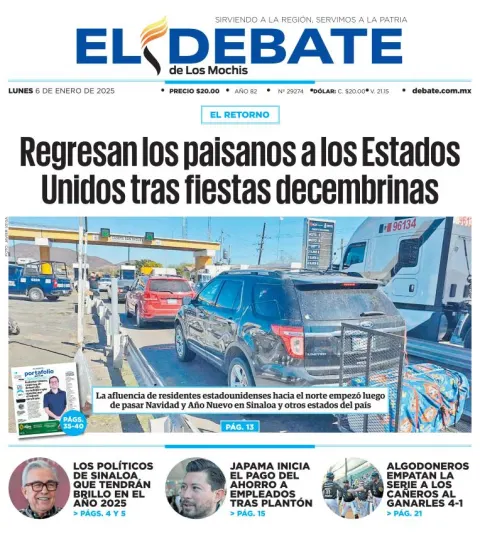 Portada de El Debate de los Mochis del lunes, 6 de enero de 2025