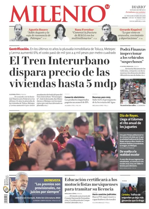 Portada de Milenio Edo de México del lunes, 6 de enero de 2025