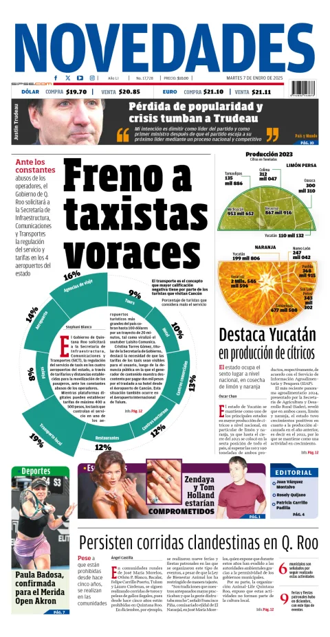 Portada de Novedades Quintana Roo del martes, 7 de enero de 2025