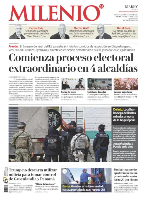 Portada de Milenio Puebla del miércoles, 8 de enero de 2025