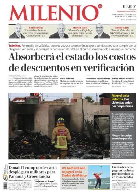 Portada de Milenio Hidalgo del miércoles, 8 de enero de 2025