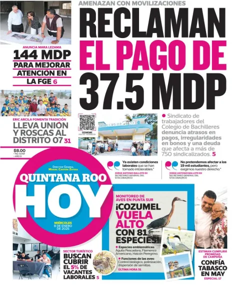 Portada de Quintana Roo Hoy del miércoles, 8 de enero de 2025