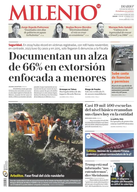 Portada de Milenio Edo de México del jueves, 9 de enero de 2025