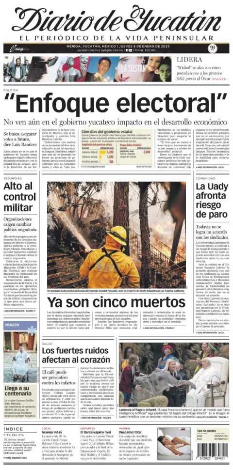 Portada de Diario de Yucatán del jueves, 9 de enero de 2025
