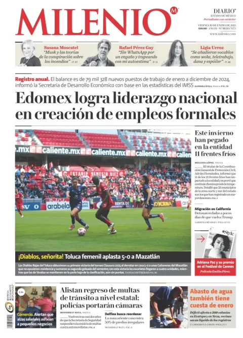 Portada de Milenio Edo de México del viernes, 10 de enero de 2025