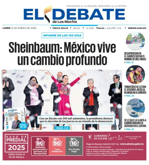 Portada de El Debate de los Mochis del lunes, 13 de enero de 2025