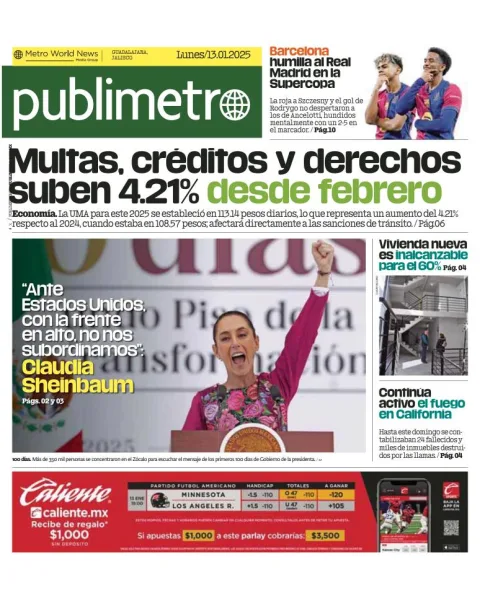 Portada de Publimetro Guadalajara del lunes, 13 de enero de 2025