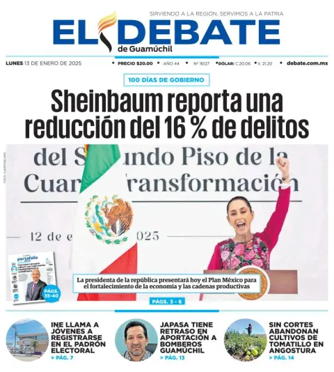Portada de El Debate de Guamúchil del lunes, 13 de enero de 2025