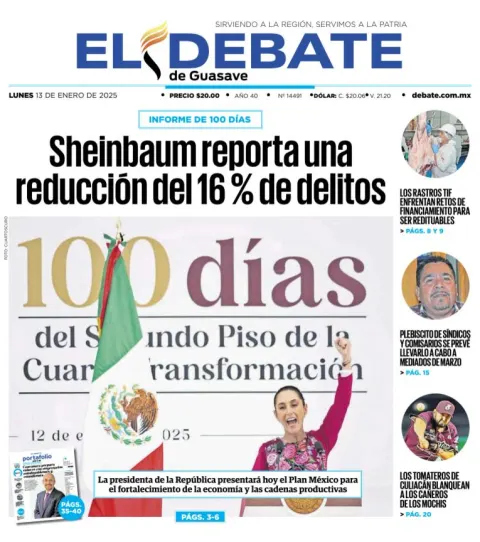 Portada de El Debate de Guasave del lunes, 13 de enero de 2025