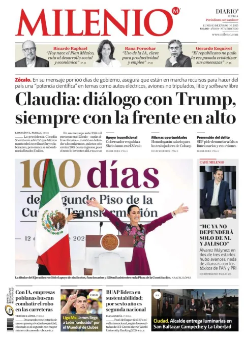 Portada de Milenio Puebla del lunes, 13 de enero de 2025