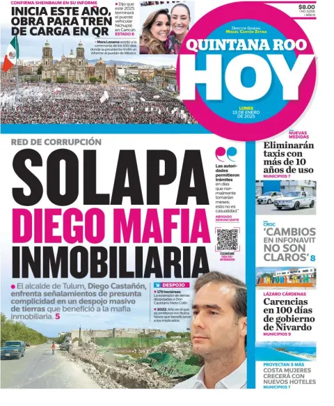 Portada de Quintana Roo Hoy del lunes, 13 de enero de 2025