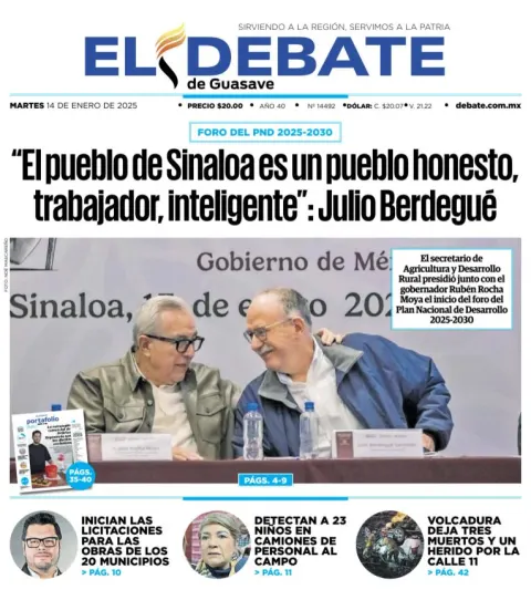 Portada de El Debate de Guasave del martes, 14 de enero de 2025