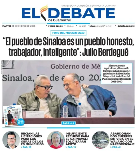 Portada de El Debate de Guamúchil del martes, 14 de enero de 2025