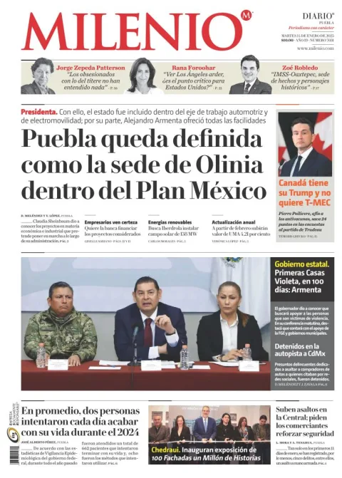 Portada de Milenio Puebla del martes, 14 de enero de 2025