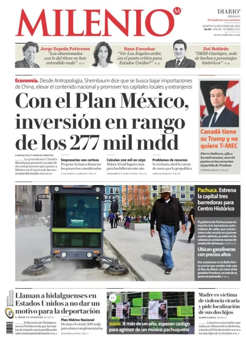 Portada de Milenio Hidalgo del martes, 14 de enero de 2025