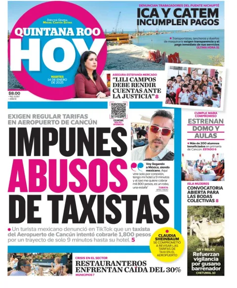 Portada de Quintana Roo Hoy del martes, 14 de enero de 2025