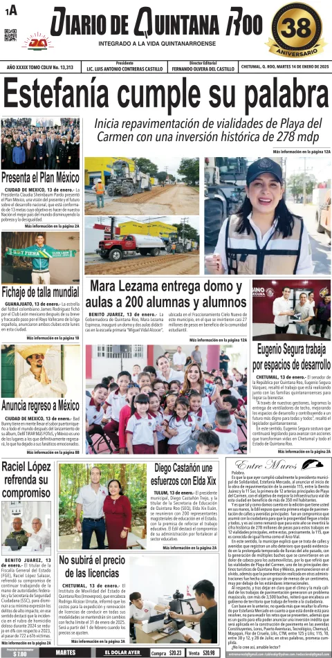 Portada de Diario de Quintana Roo (portada) del martes, 14 de enero de 2025