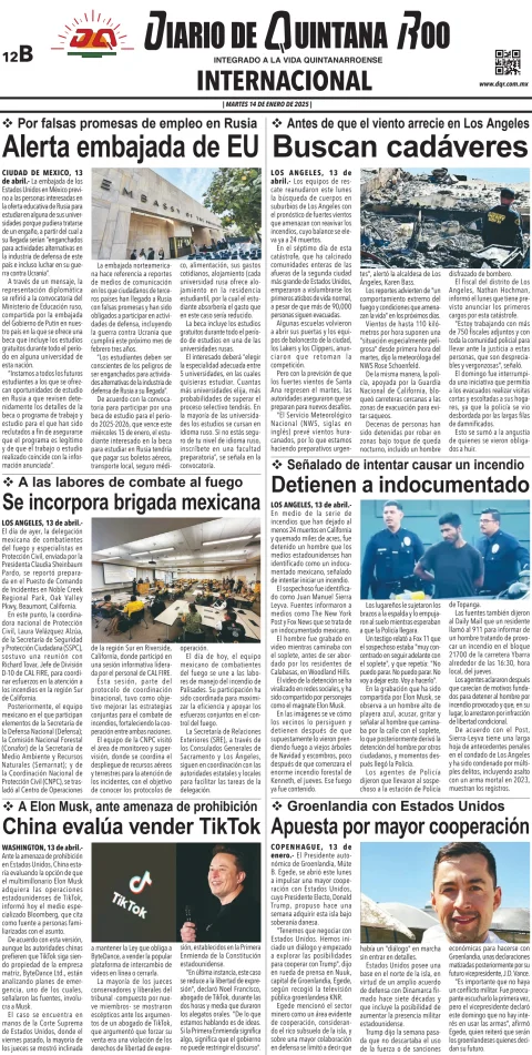 Portada de Diario de Quintana Roo (contra Portada) del martes, 14 de enero de 2025