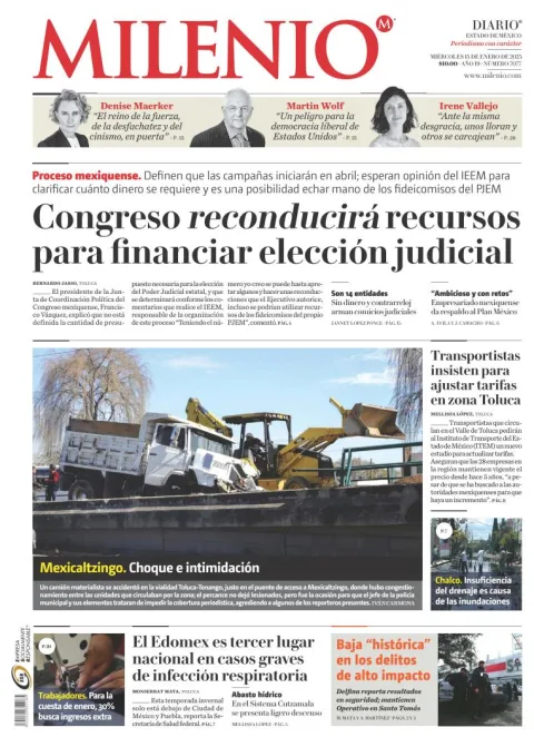 Portada de Milenio Edo de México del miércoles, 15 de enero de 2025