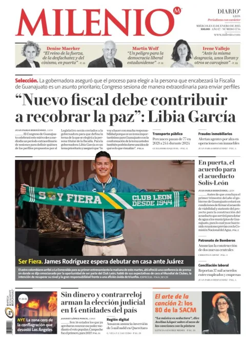 Portada de Milenio León del miércoles, 15 de enero de 2025