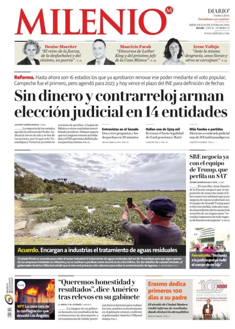 Portada de Milenio Tamaulipas del miércoles, 15 de enero de 2025
