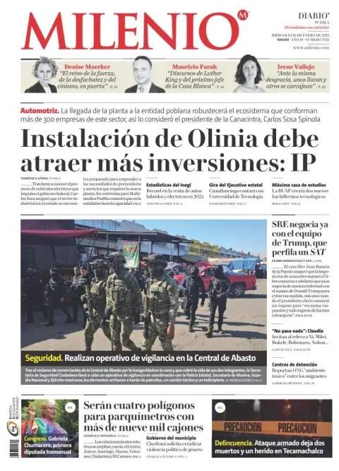 Portada de Milenio Puebla del miércoles, 15 de enero de 2025