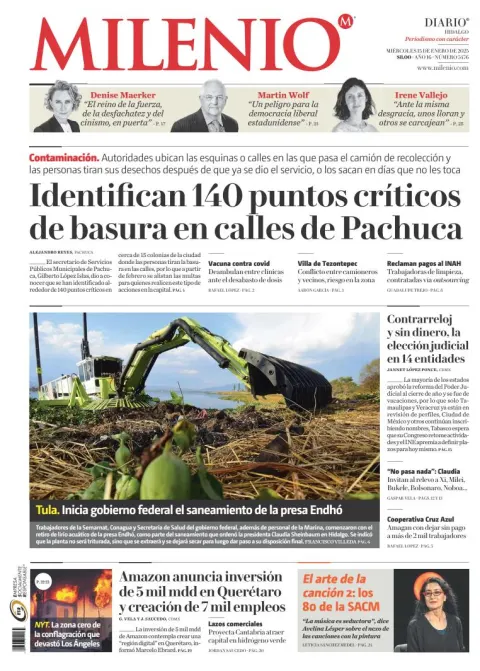 Portada de Milenio Hidalgo del miércoles, 15 de enero de 2025