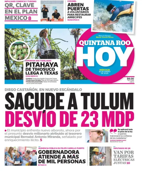 Portada de Quintana Roo Hoy del miércoles, 15 de enero de 2025