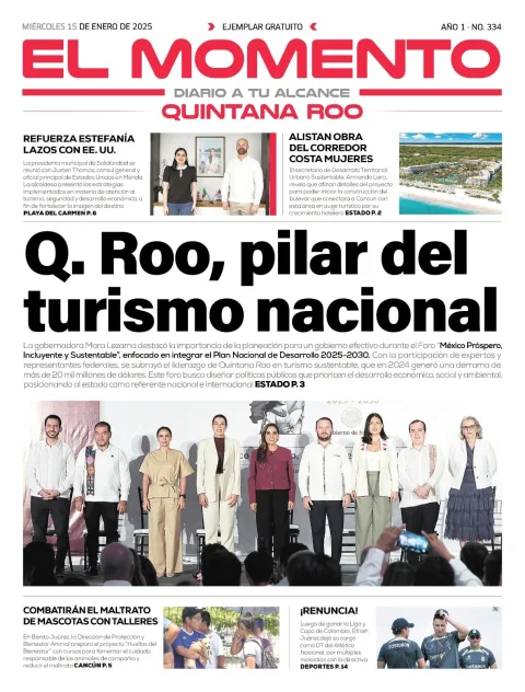 Portada de El Momento Quintana Roo del miércoles, 15 de enero de 2025