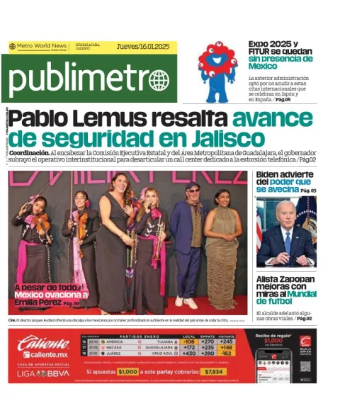 Portada de Publimetro Guadalajara del jueves, 16 de enero de 2025