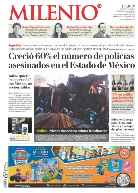 Portada de Milenio Edo de México del jueves, 16 de enero de 2025