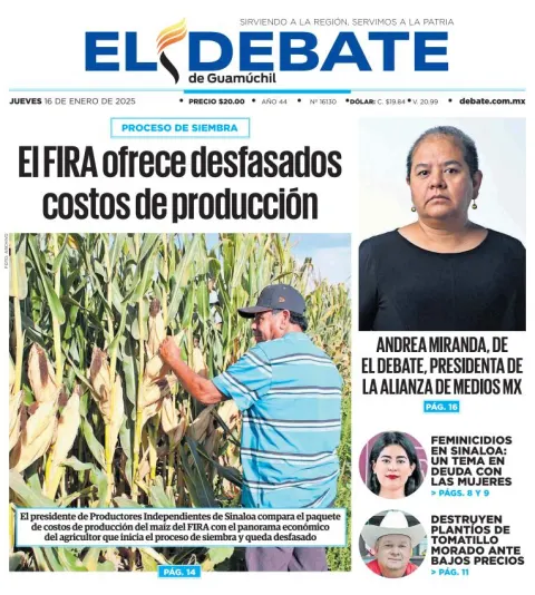 Portada de El Debate de Guamúchil del jueves, 16 de enero de 2025