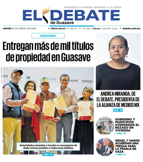 Portada de El Debate de Guasave del jueves, 16 de enero de 2025