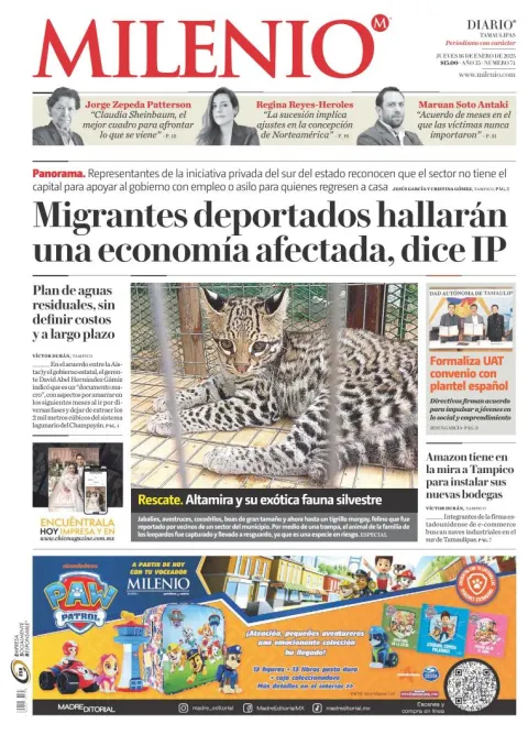 Portada de Milenio Tamaulipas del jueves, 16 de enero de 2025
