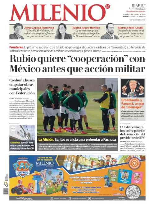 Portada de Milenio Laguna del jueves, 16 de enero de 2025