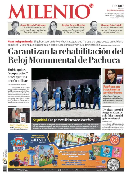 Portada de Milenio Hidalgo del jueves, 16 de enero de 2025