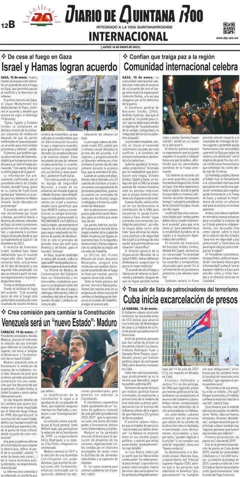 Portada de Diario de Quintana Roo (contra Portada) del jueves, 16 de enero de 2025