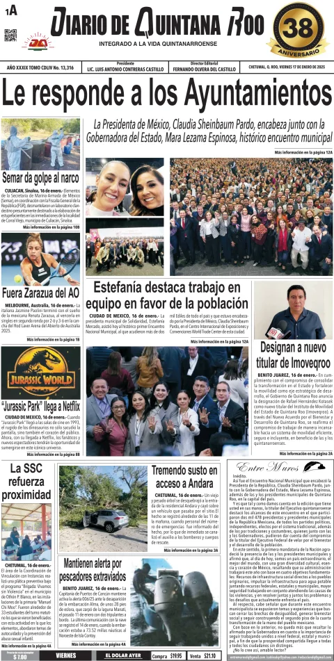 Portada de Diario de Quintana Roo (portada) del viernes, 17 de enero de 2025