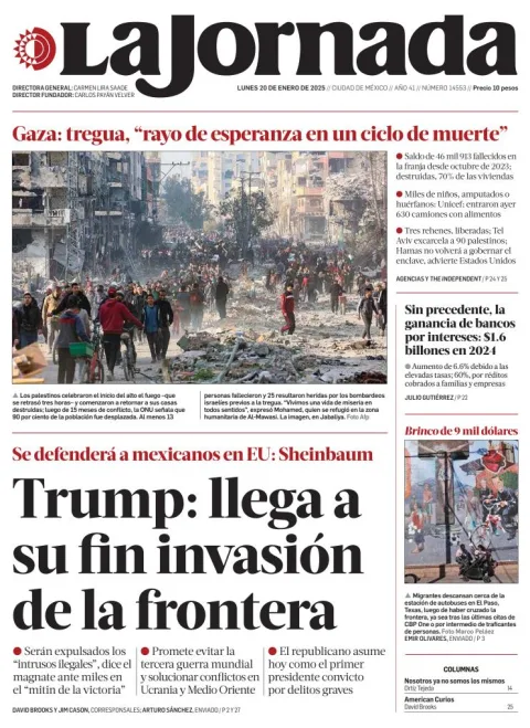 Portada de La Jornada del lunes, 20 de enero de 2025