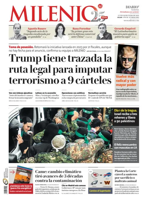 Portada de Milenio del lunes, 20 de enero de 2025