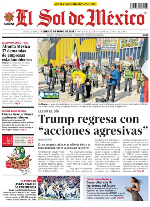 Portada de El Sol de México del lunes, 20 de enero de 2025