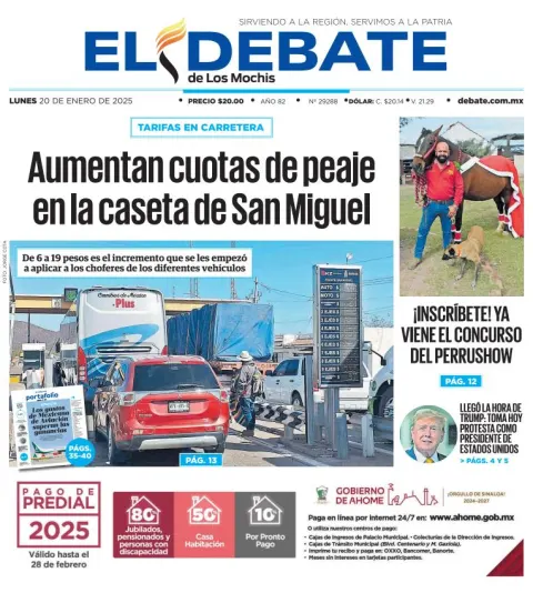 Portada de El Debate de los Mochis del lunes, 20 de enero de 2025