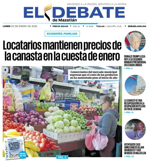 Portada de El Debate de Mazatlán del lunes, 20 de enero de 2025