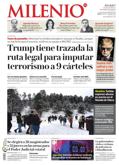 Portada de Milenio Edo de México del lunes, 20 de enero de 2025