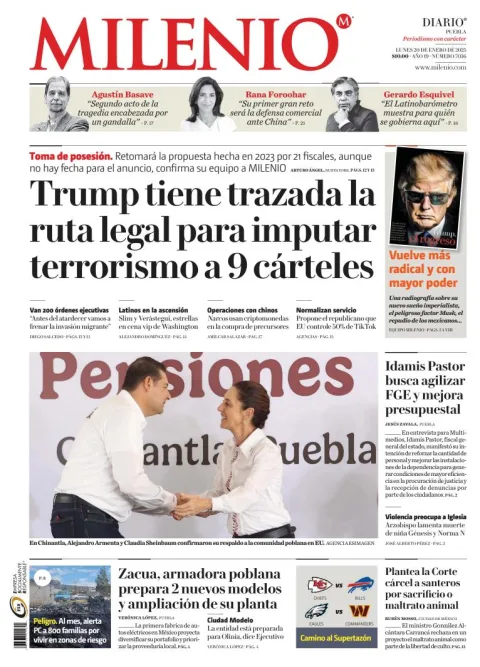 Portada de Milenio Puebla del lunes, 20 de enero de 2025
