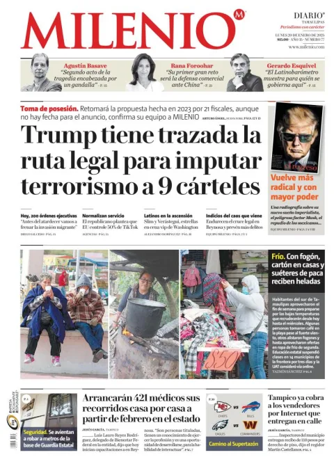 Portada de Milenio Tamaulipas del lunes, 20 de enero de 2025
