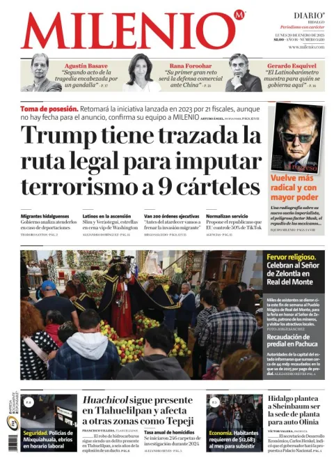 Portada de Milenio Hidalgo del lunes, 20 de enero de 2025