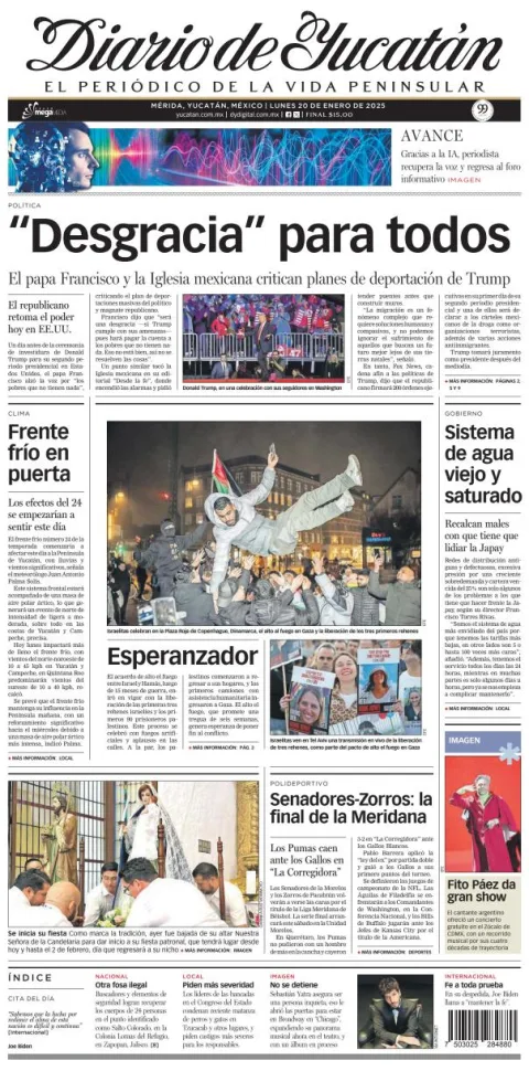 Portada de Diario de Yucatán del lunes, 20 de enero de 2025